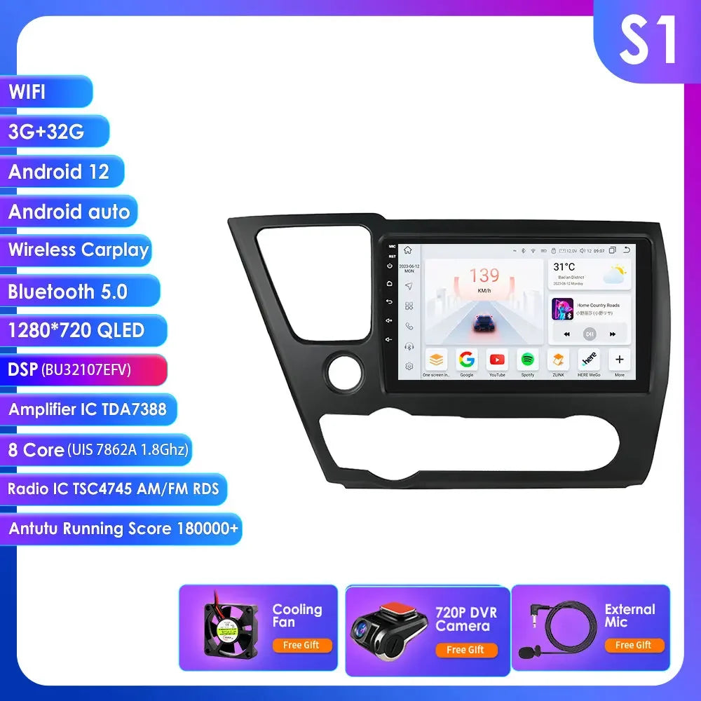 Honda Civic 2013-2016 9" Android 14 Carplay Android auto wireless wifi bt gps 4g AUTMCTVR7