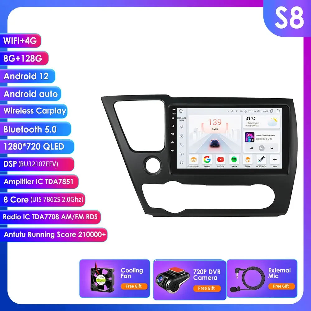 Honda Civic 2013-2016 9" Android 14 Carplay Android auto wireless wifi bt gps 4g AUTMCTVR7