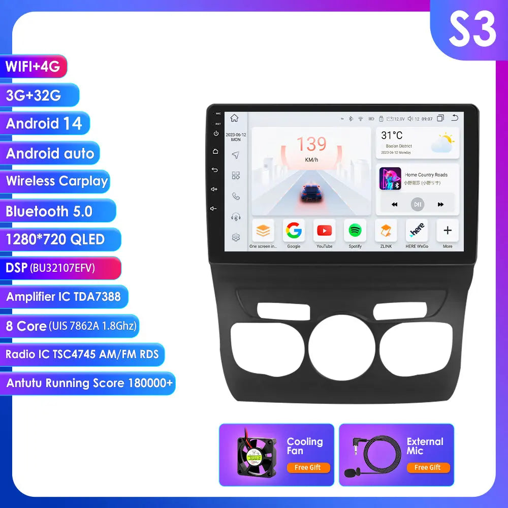 Citroen C4 C4L 2013-2017 9" Android 14 Carplay Android auto wireless wifi bt gps 4g AUTMFEMA