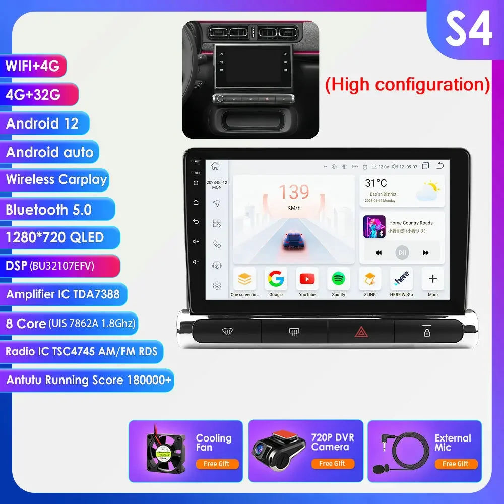 Citroen C3 C4 Aircorss  2017 - 2023 9" ANDROID 12 Carplay Android auto wireless radio RDS WIFI GPS BT USB AUTMCTRC349
