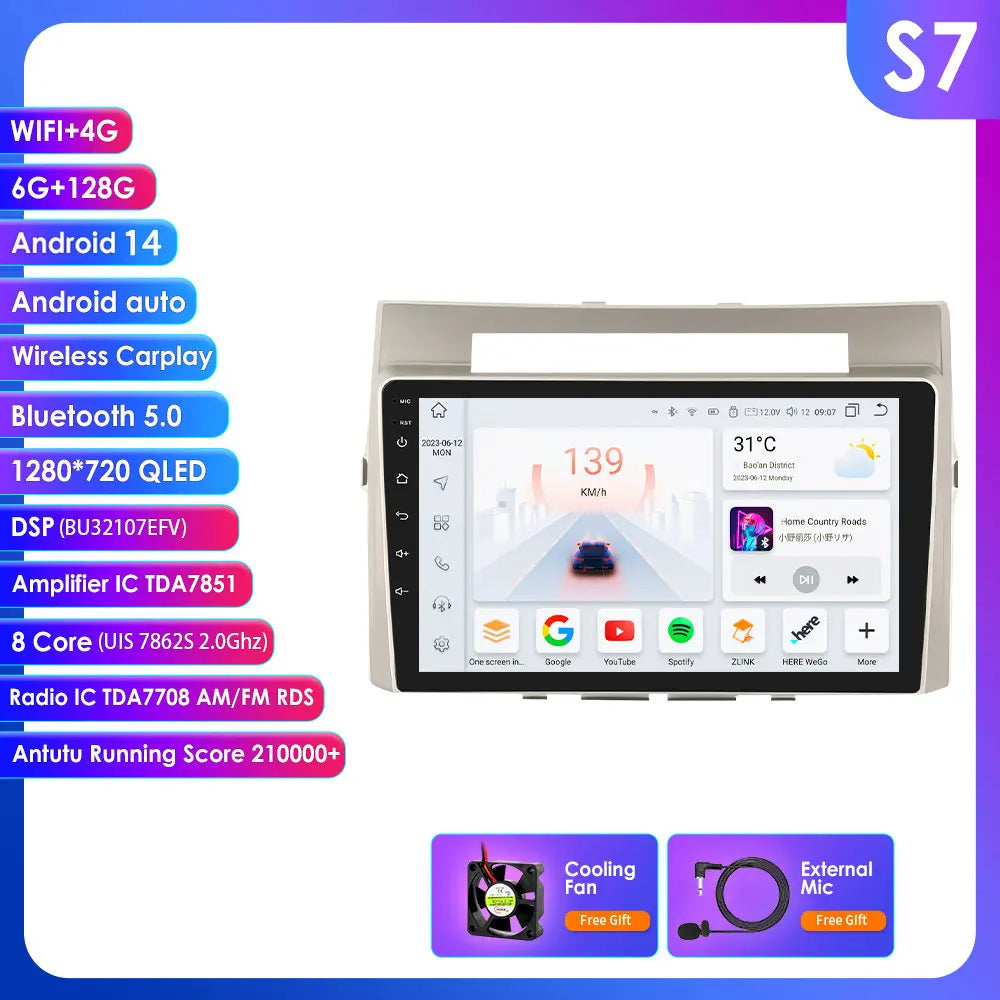 Toyota Corolla Verso AR10 2004-2009 9" Android 14 Carplay Android auto wireless wifi bt gps 4g AUTMLD56J