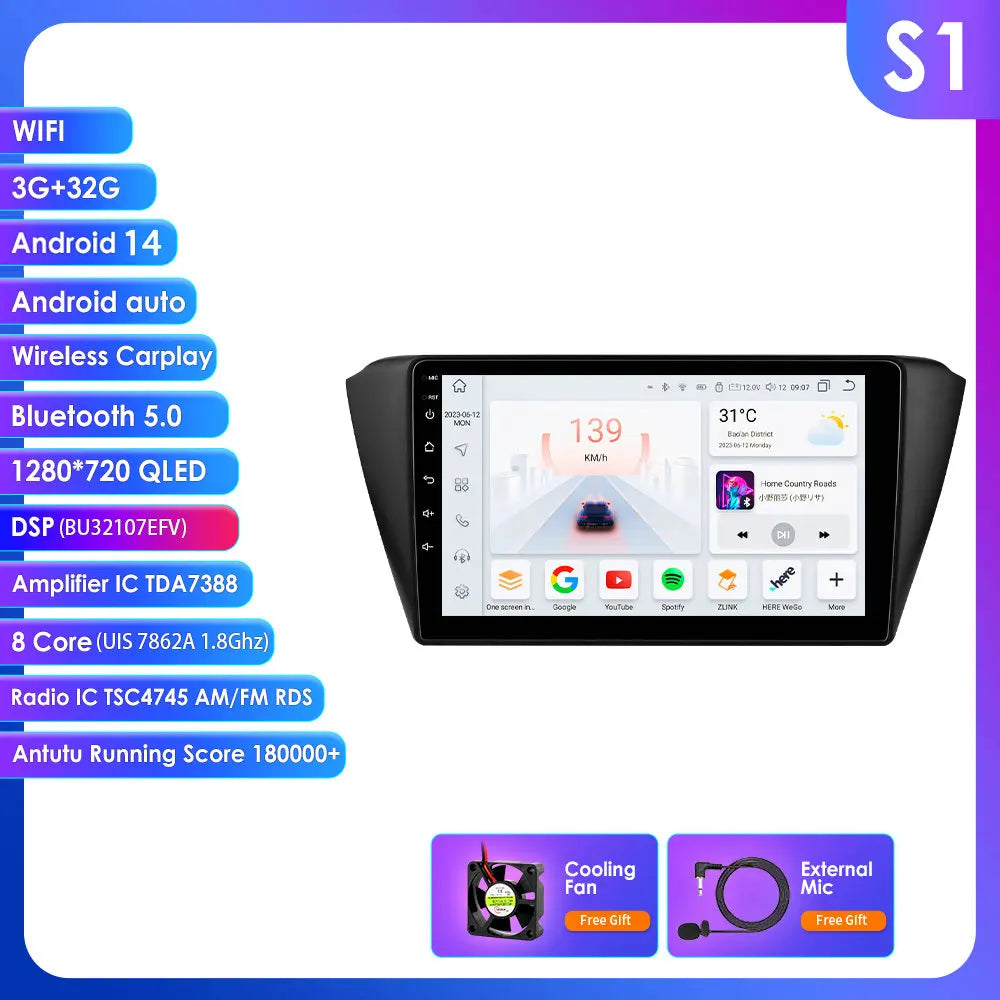 Skoda Fabia 3 III 2015-2019 9" / 10,33" Android 14 Carplay Android auto wireless wifi bt gps 4g AUTMREUR