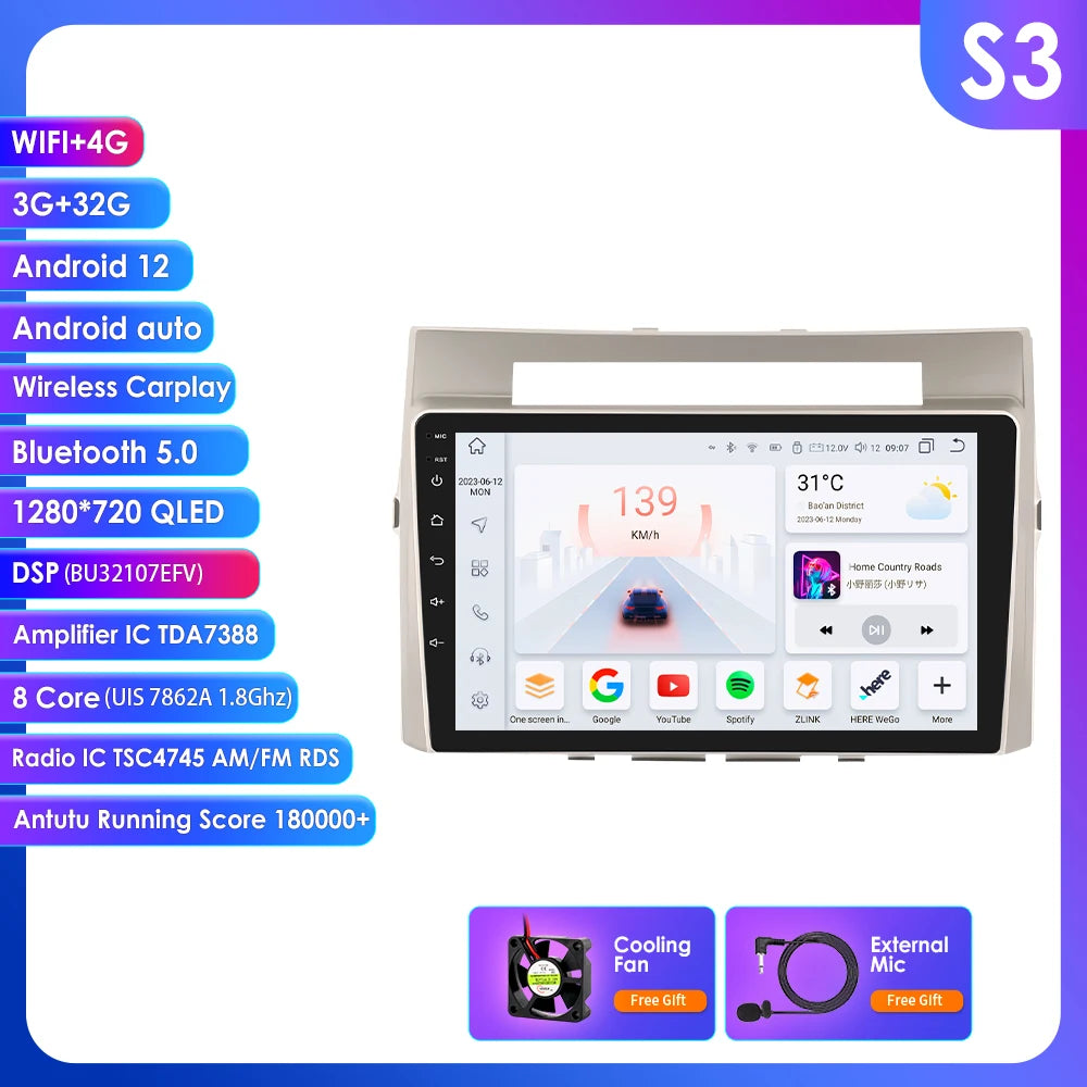 Toyota Corolla Verso AR10 2004-2009 9" Android 14 Carplay Android auto wireless wifi bt gps 4g AUTMLD56J