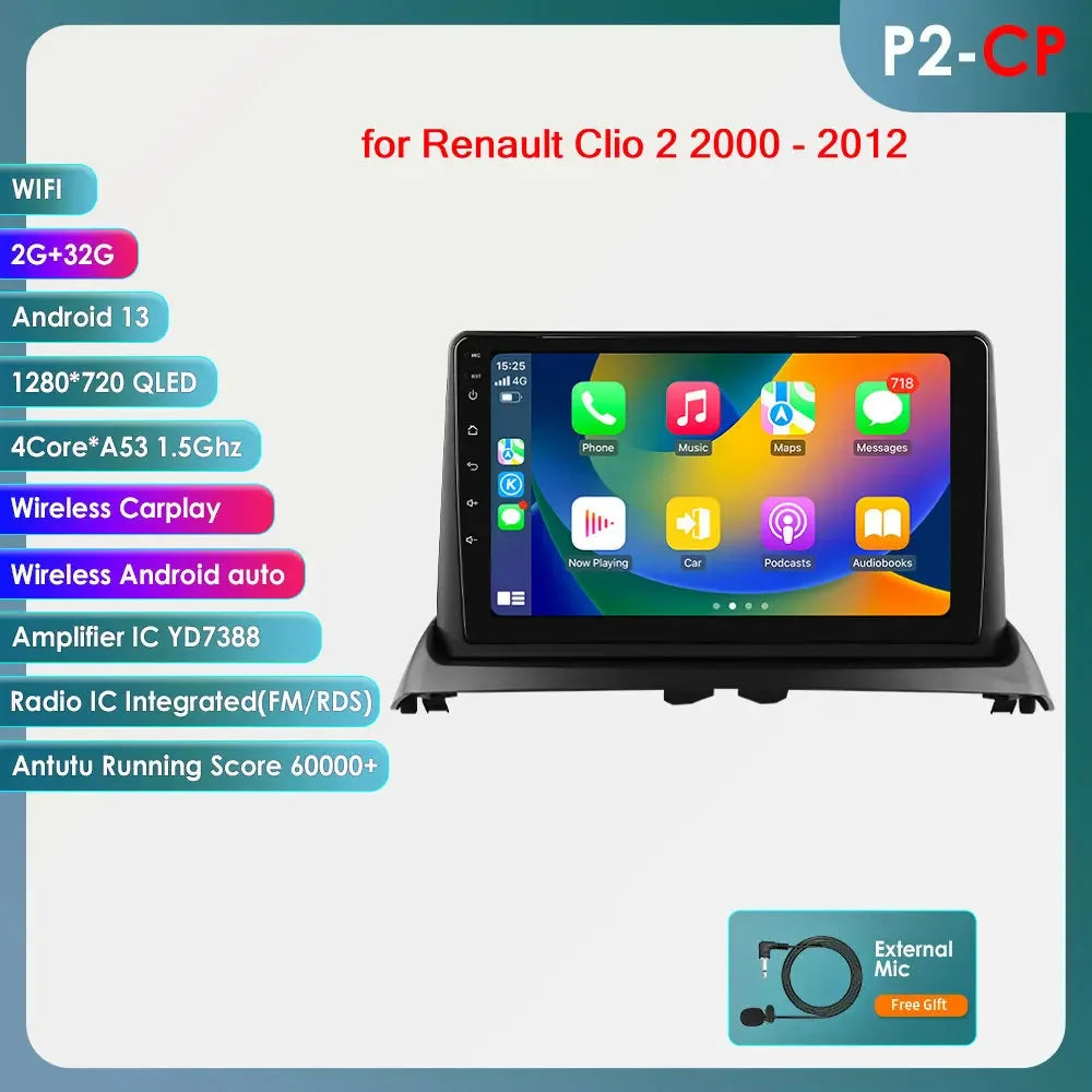 Renault Clio 2 2000 - 2012 9" / 10,33" Android 14 Carplay Android auto wireless wifi bt gps 4g  AUTM8236