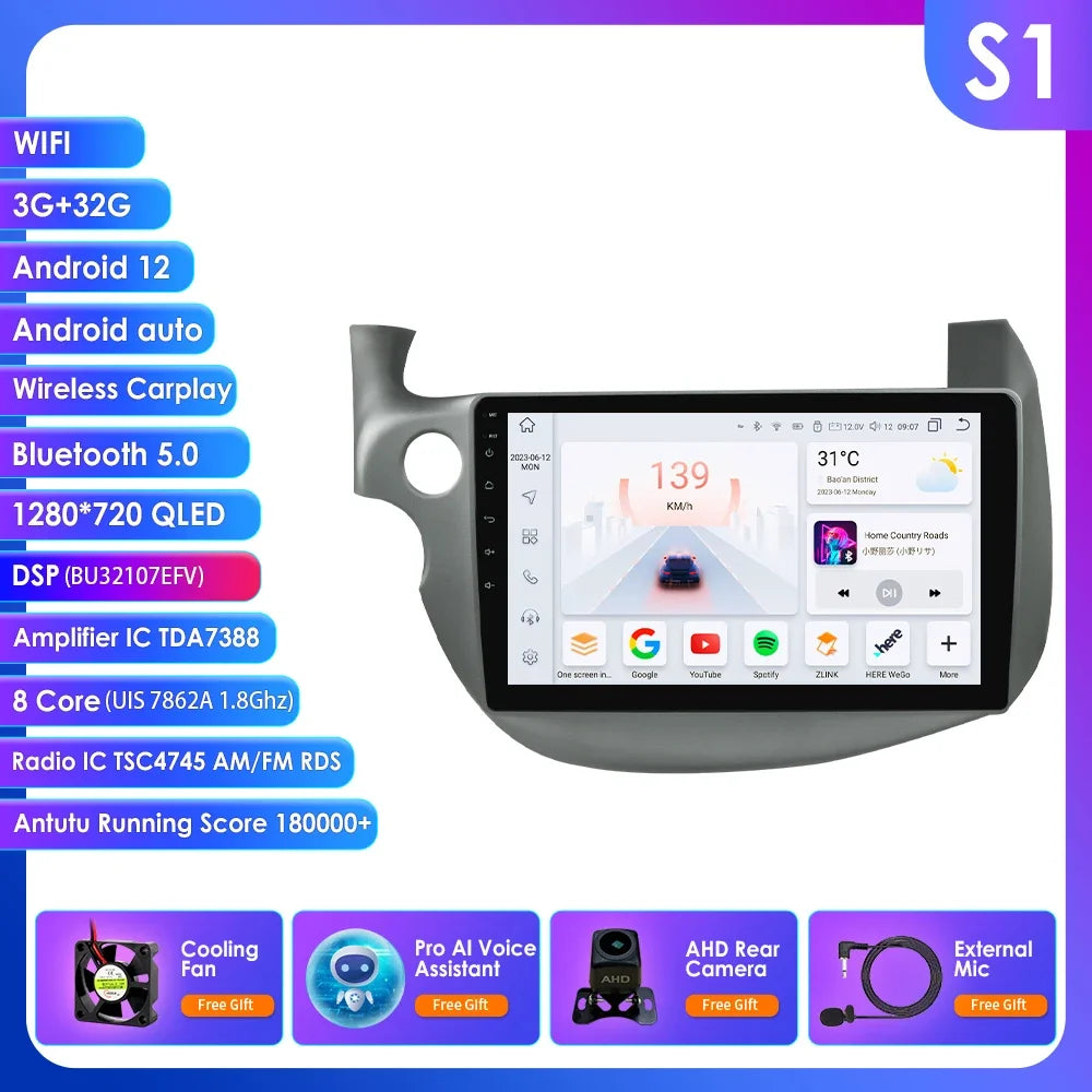 HONDA FIT JAZZ 2007-2013 9" Android 14 Carplay Android auto wireless wifi bt gps 4g  AUTMJZFHD