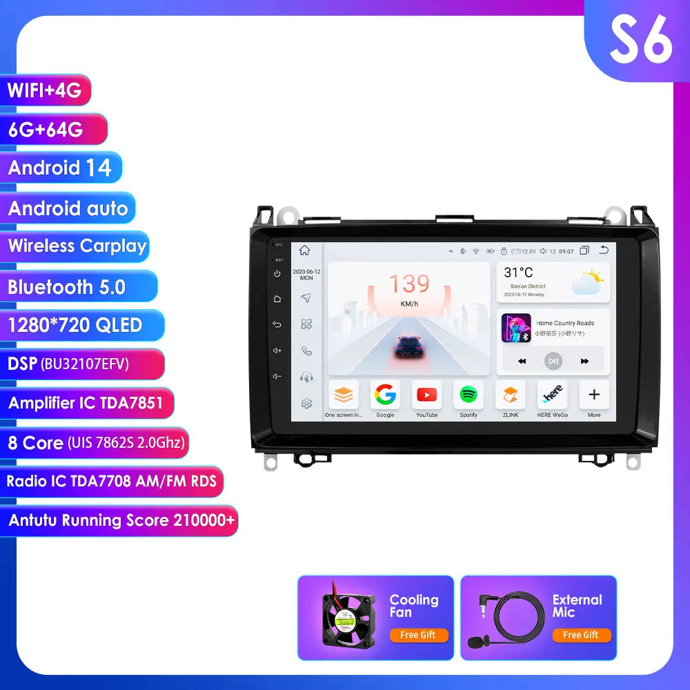 Mercedes Benz B200 Sprinter W906 W639 AB Class W169 W245 Viano Vito 9" Android 14 Carplay Android auto wireless wifi bt gps 4g  AUTM82WU