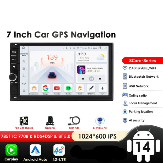 Universale 2 DIN 7" Android 14 Carplay Android auto wireless wifi bt gps 4g AUTMJHU9
