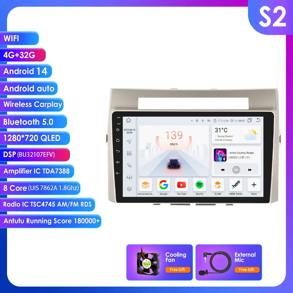Toyota Corolla Verso AR10 2004-2009 9" Android 14 Carplay Android auto wireless wifi bt gps 4g AUTMLD56J
