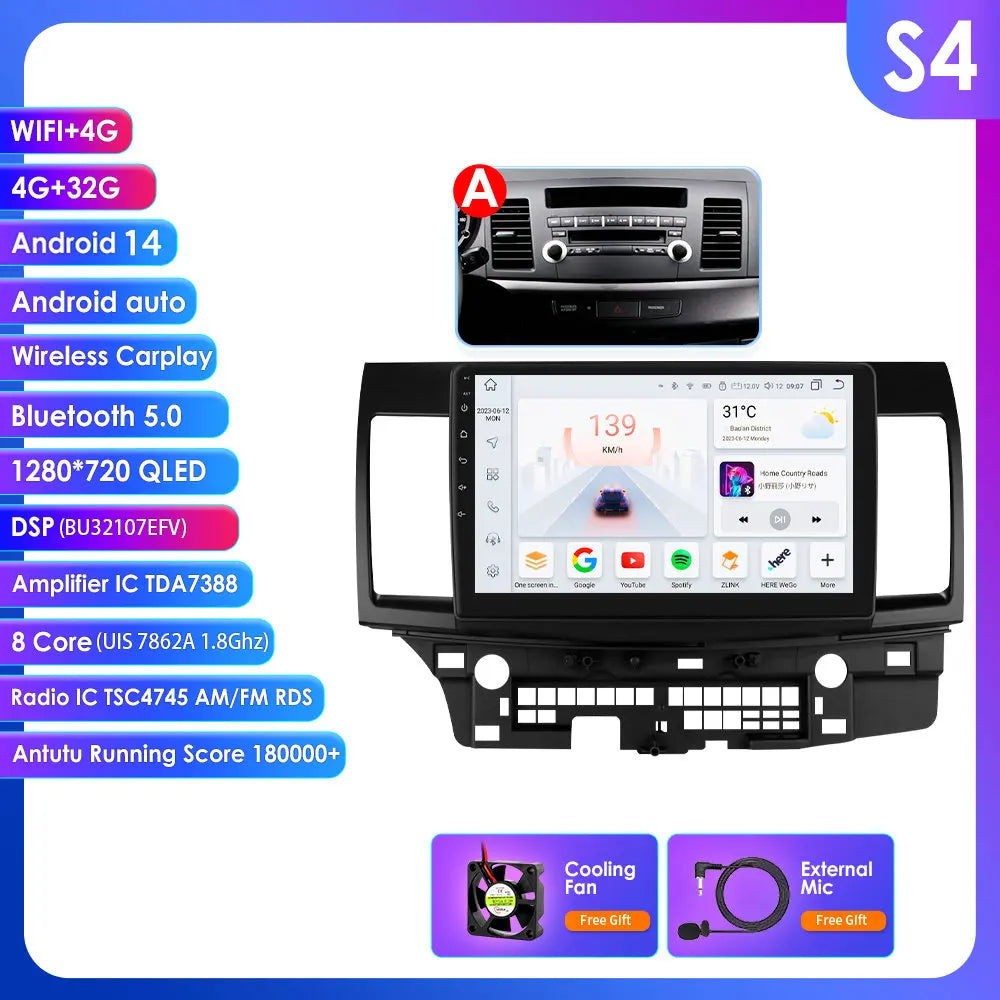 Mitsubishi Lancer 2007-2012 9" Android 14 Carplay Android auto wireless wifi bt gps 4g AUTMLCRMT