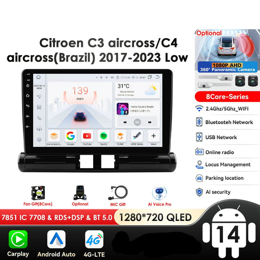 C3 Aircross 2017-2023 Citroen C4 9" Android 14 Carplay Android auto wireless wifi bt gps 4g AUTM9S14
