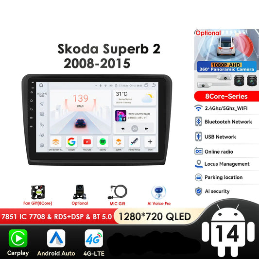 Skoda Superb 2 B6 2008 - 2015 9" Android 14 Carplay Android auto wireless wifi bt gps 4g  AUTMEW7F