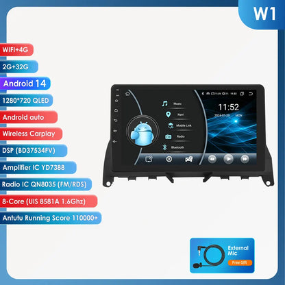 Mercedes Benz C-Class W204 S204 2007 - 2010 9" Android 14 Carplay Android auto wireless wifi bt gps 4g AUTMJ8L7