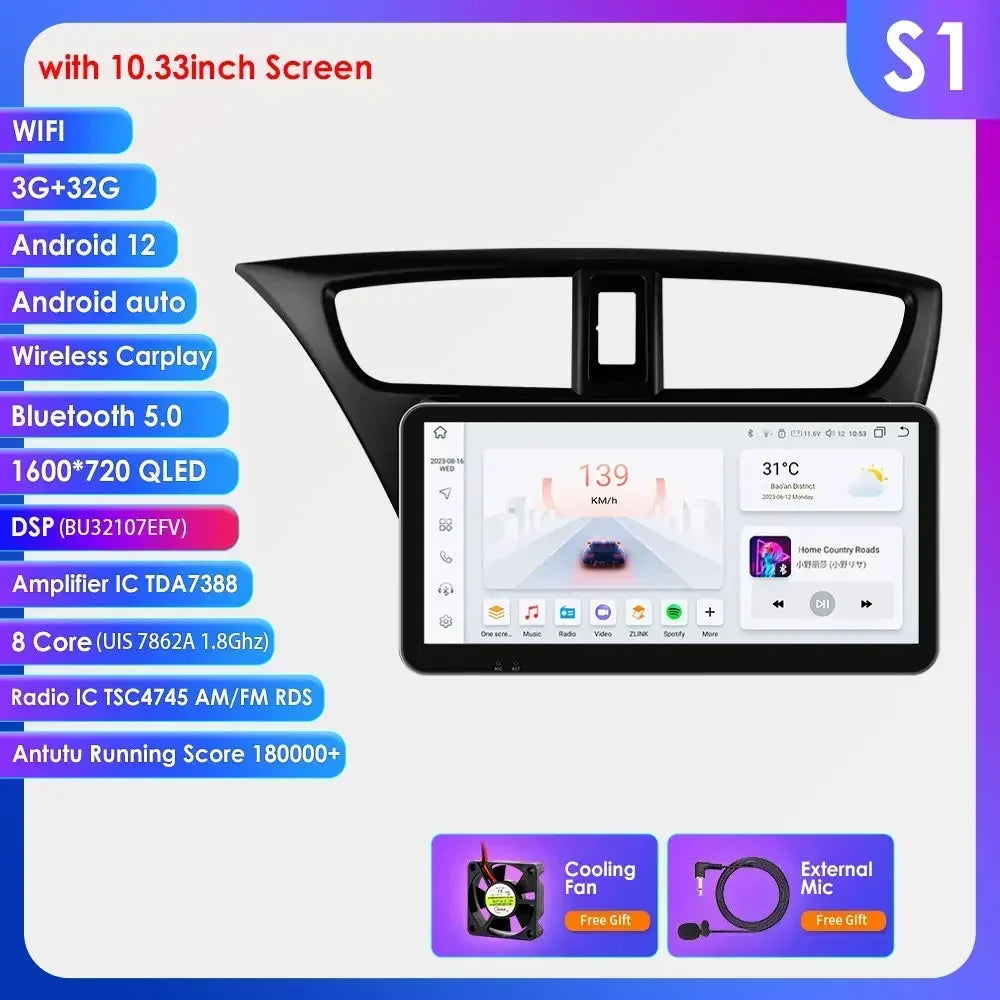 Honda Civic 9 FK FB 2012 - 2017 9" Android 14 Carplay Android auto wireless wifi bt gps 4g AUTMSGOW