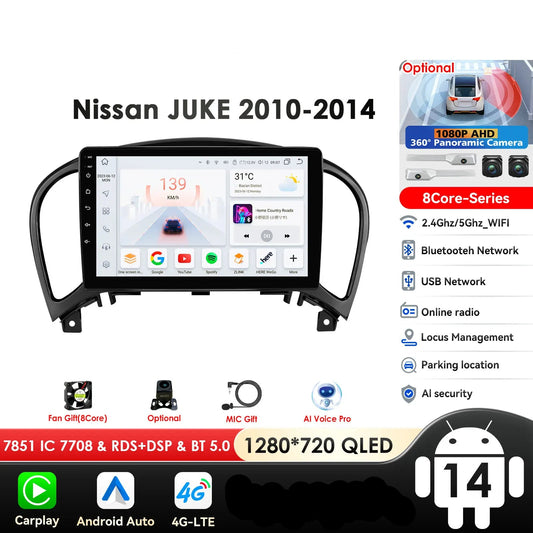 Nissan Juke YF15 2010-2014 9" Android 14 Carplay Android auto wireless wifi bt gps 4g AUTMKJSN