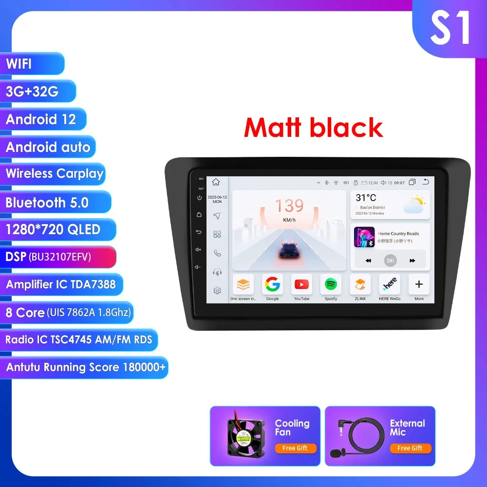 Skoda Rapid Seat Toledo 2013-2019 9" Android 14 Carplay Android auto wireless wifi bt gps 4g  AUTM0KRI