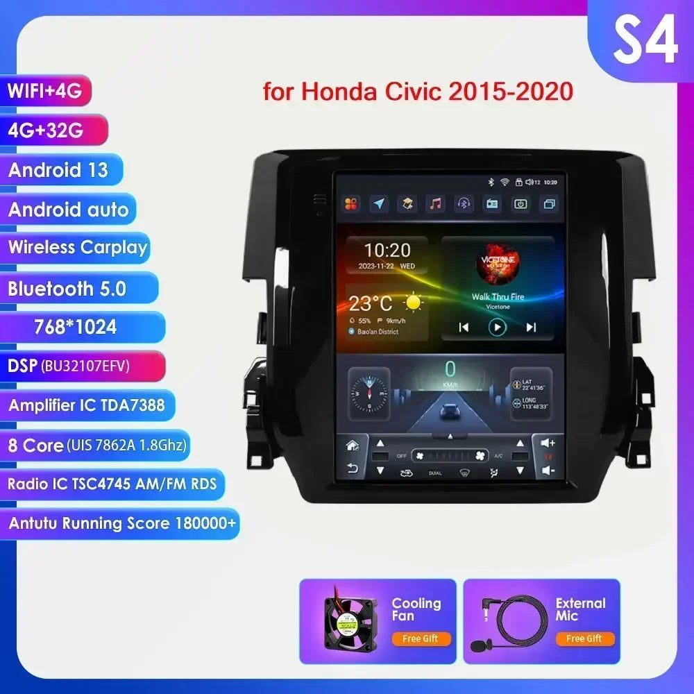 Honda Civic 2015-2020 9.7" Android 14 Carplay Android auto wireless wifi bt gps 4g AUTMCVCH3