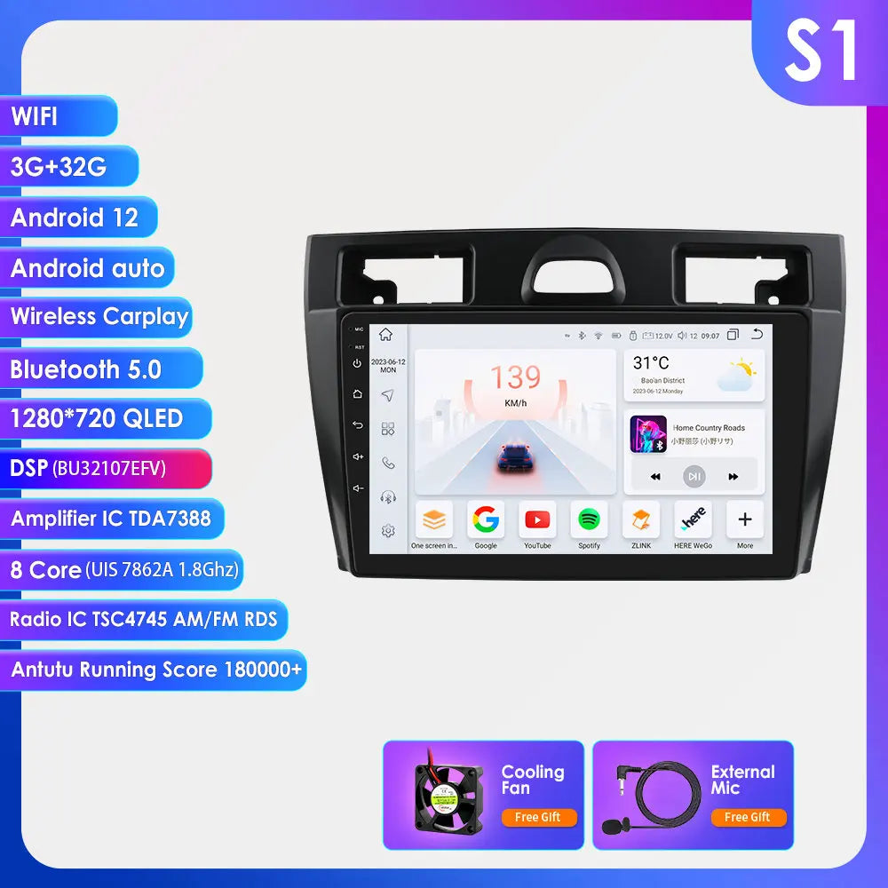 Ford Fiesta Mk VI 5 Mk5 2002 - 2008 9" Android 14 Carplay Android auto wireless wifi bt gps 4g  AUTMRL7L