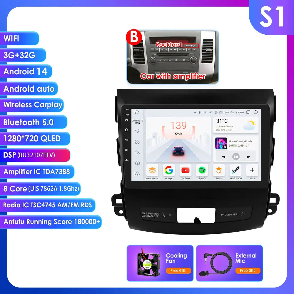 Peugeot 4007  Mitsubishi Outlander 2  Citroen C-Crosser 9" Android 14 Carplay Android auto wireless wifi bt gps 4g AUTMS5Y3