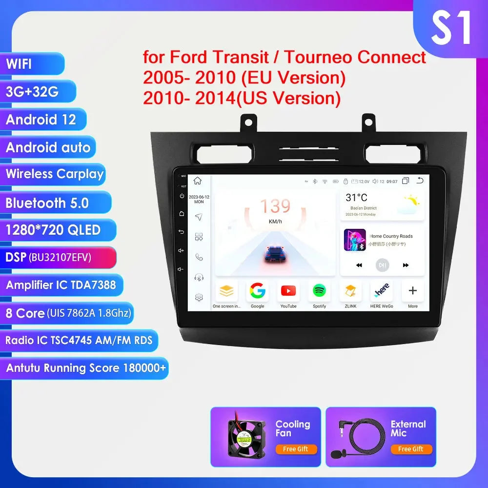 Ford Transit Tourneo Connect  2005 - 2014  9" Android 14 Carplay Android auto wireless wifi bt gps 4g  AUTMC11Z