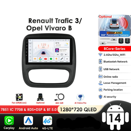 Renault Trafic 3 / Opel Vivaro B 2014-2021 9" 10.33''  9" Android 14 Carplay Android auto wireless wifi bt gps 4g AUTMUYH9