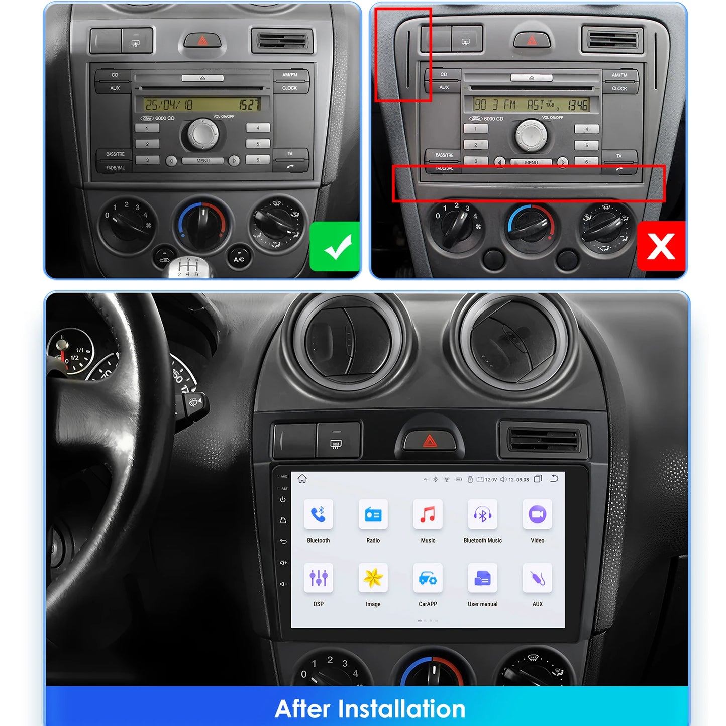 Ford Fiesta Mk VI 5 Mk5 2002 - 2008 9" Android 14 Carplay Android auto wireless wifi bt gps 4g  AUTMRL7L