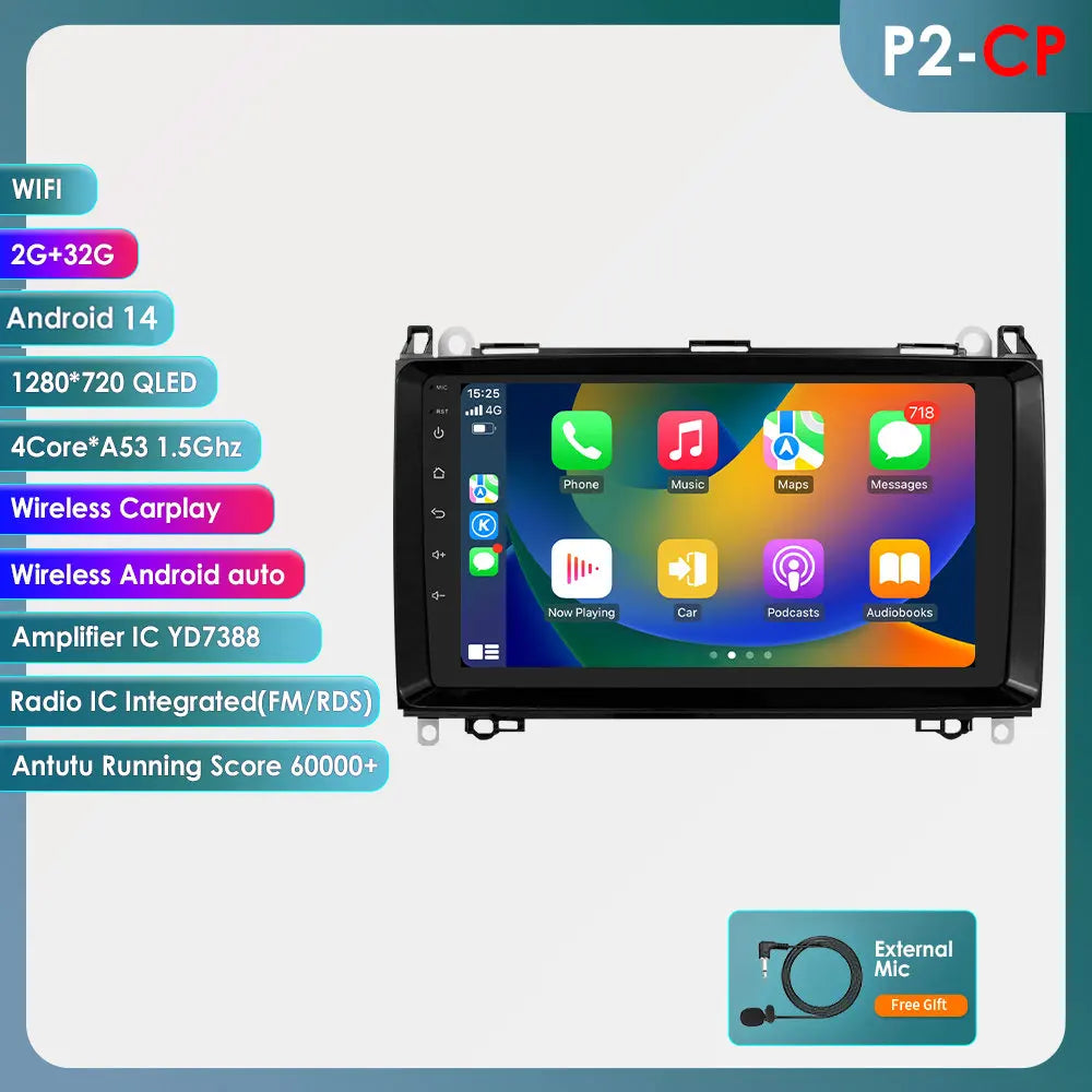 Mercedes Benz B200 Sprinter W906 W639 AB Class W169 W245 Viano Vito 9" Android 14 Carplay Android auto wireless wifi bt gps 4g  AUTM82WU