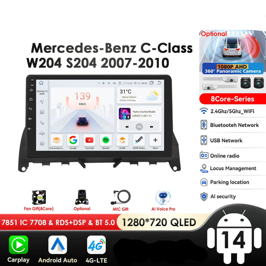 Mercedes Benz C-Class W204 S204 2007 - 2010 9" Android 14 Carplay Android auto wireless wifi bt gps 4g AUTMJ8L7