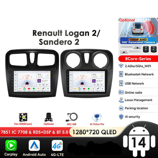 Dacia Logan 2 II Sandero 2  2012-2019 9" Android 14 Carplay Android auto wireless wifi bt gps 4g AUTMH2D9