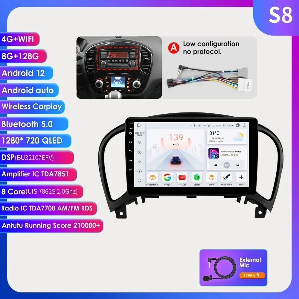 Nissan Juke YF15 2010-2014 9" Android 14 Carplay Android auto wireless wifi bt gps 4g AUTMKJSN