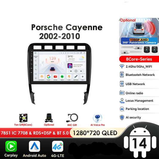 Porsche Cayenne 2002 - 2010 9" Android 14 Carplay Android auto wireless wifi bt gps 4g AUTM29SA