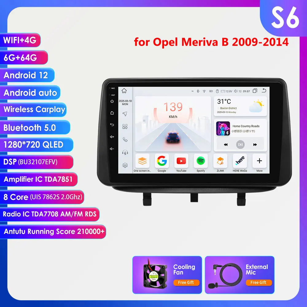 Opel Meriva B 2009-2014 9" Android 14 Carplay Android auto wireless wifi bt gps 4g  AUTMJY5X