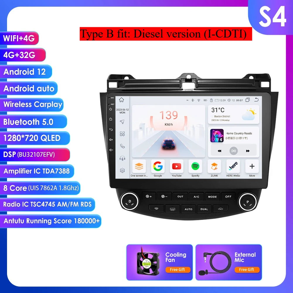 Honda Accord 7 2003 - 2007 9" Android 14 Carplay Android auto wireless wifi bt gps 4g AUTMDROH