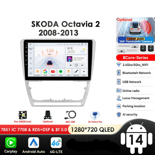 Skoda Octavia 2 A5 2008- 2013   10,1" / 10,33" Android 14 Carplay Android auto wireless wifi bt gps 4g  AUTM7NCO