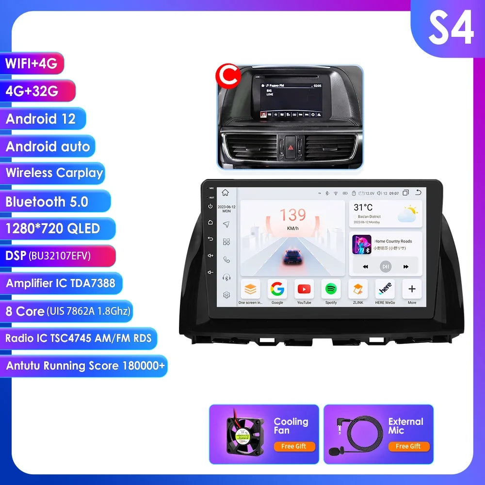 Mazda CX5 CX-5 CX 5 2012 - 2015 9" Android 14 Carplay Android auto wireless wifi bt gps 4g  AUTMAPJJ