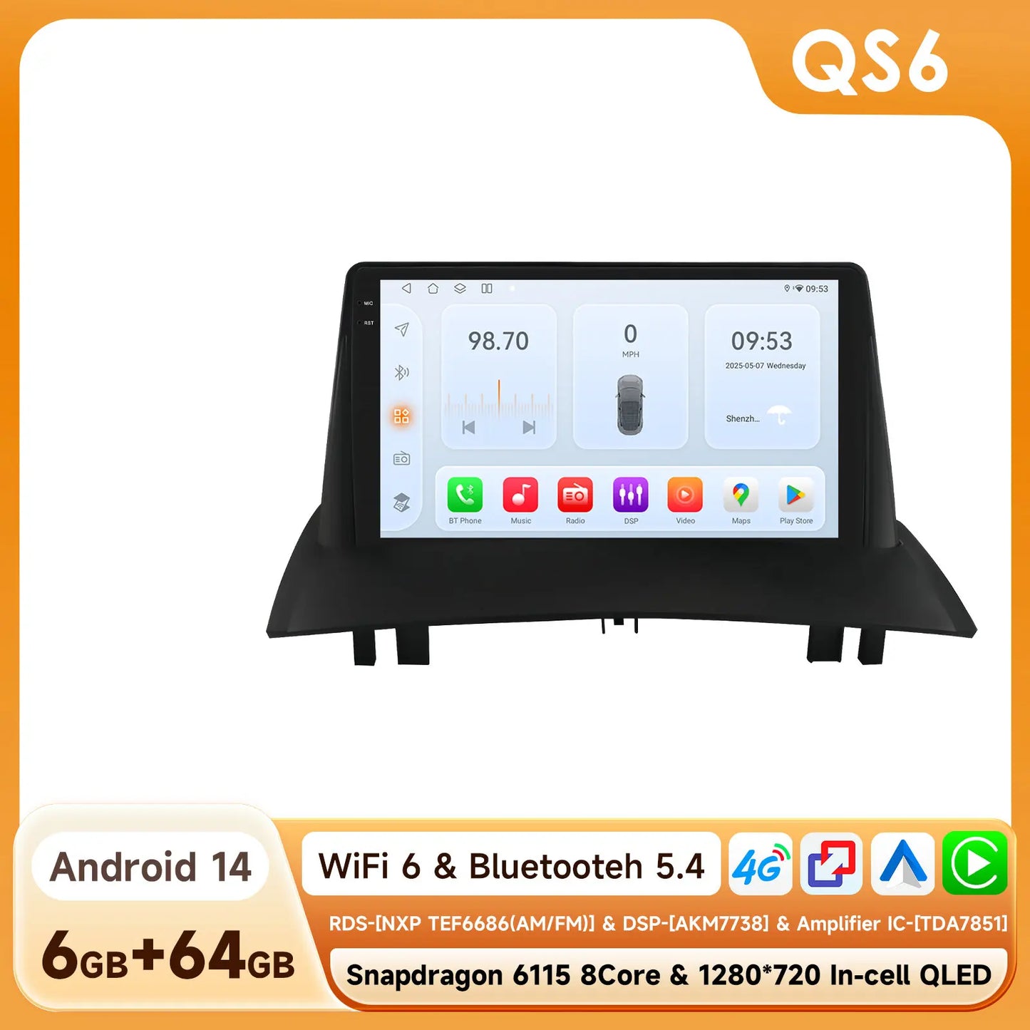 Renault Megane 2 2002-2009 9" Android 14 Carplay Android auto wireless wifi bt gps 4g AUTM6RPO