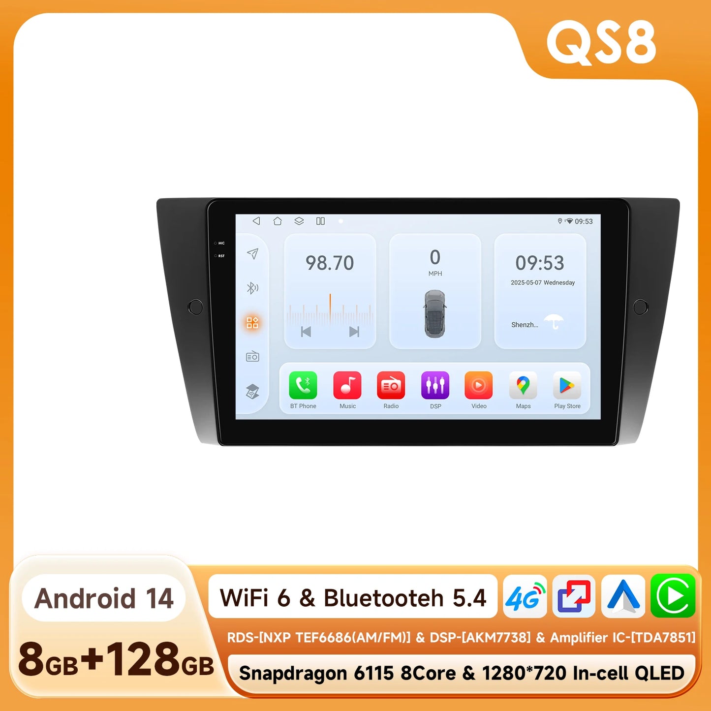 BMW 3 Series E90 E91 E92 E93 2005-2012 9" Android 14 Carplay Android auto wireless wifi bt gps 4g AUTMRSG5