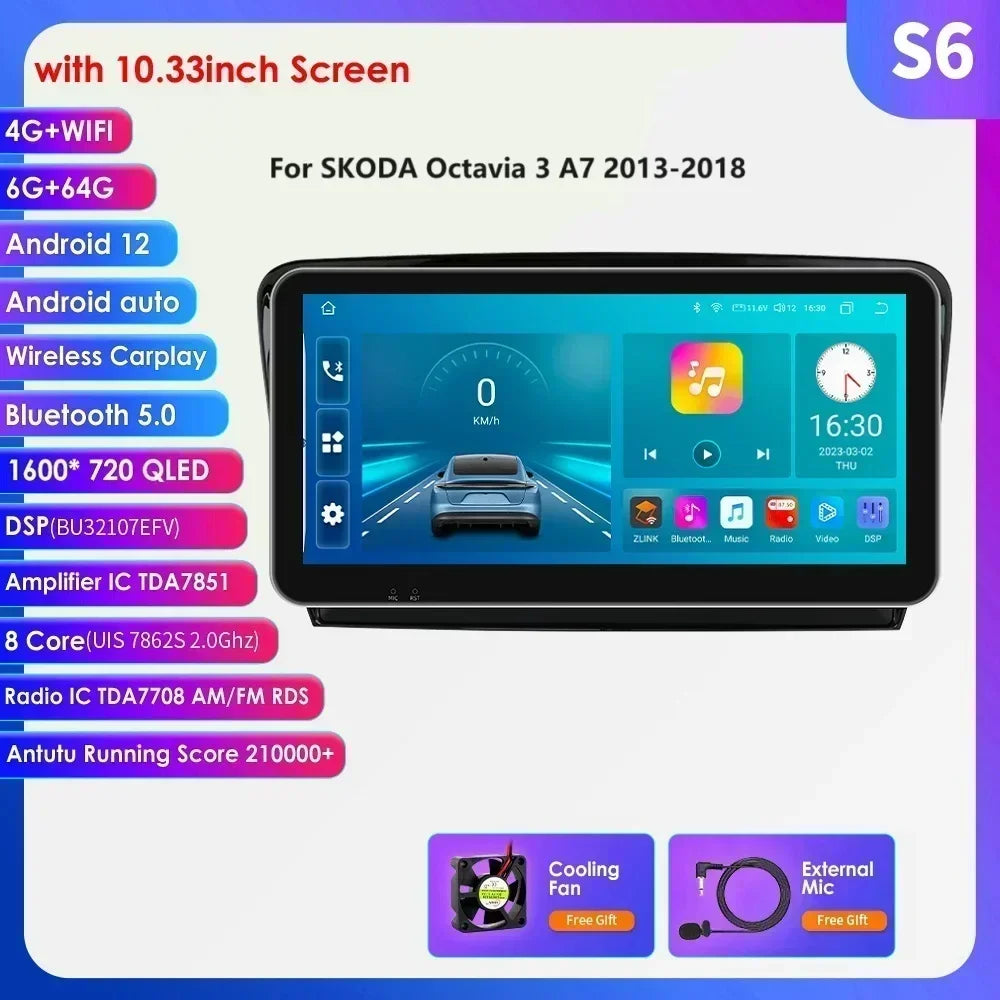 Skoda Octavia 2 A5 2008- 2013   10,1" / 10,33" Android 14 Carplay Android auto wireless wifi bt gps 4g  AUTM7NCO