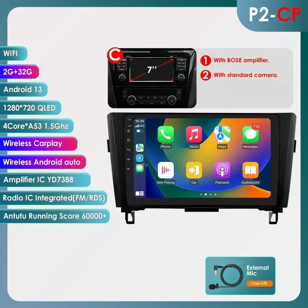 Nissan X-Trail Xtrail X Trail 3 T32 Qashqai 2 J11 2014-2018  10" Android 14 Carplay Android auto wireless wifi bt gps 4g AUTMSINJ11