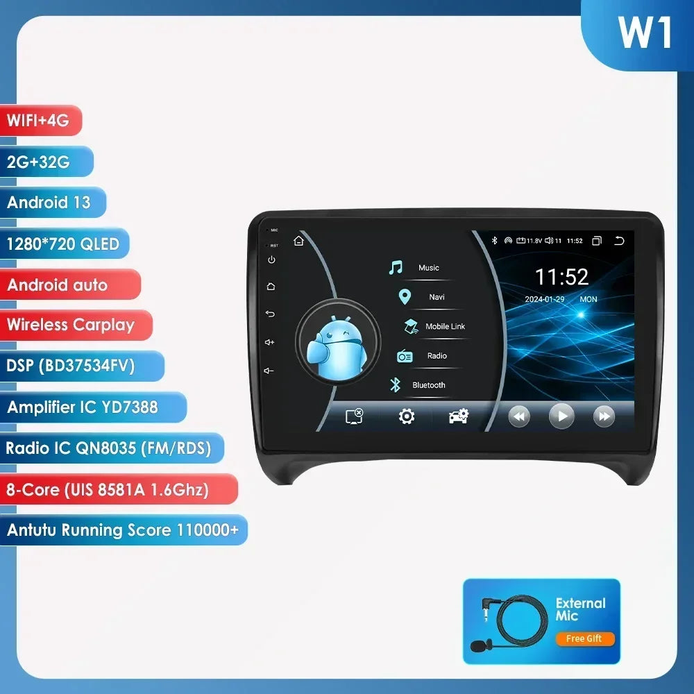AUDI TT MK2 8J 2006 -2014 9" Android 14 Carplay Android auto wireless wifi bt gps 4g  AUTMMWU1