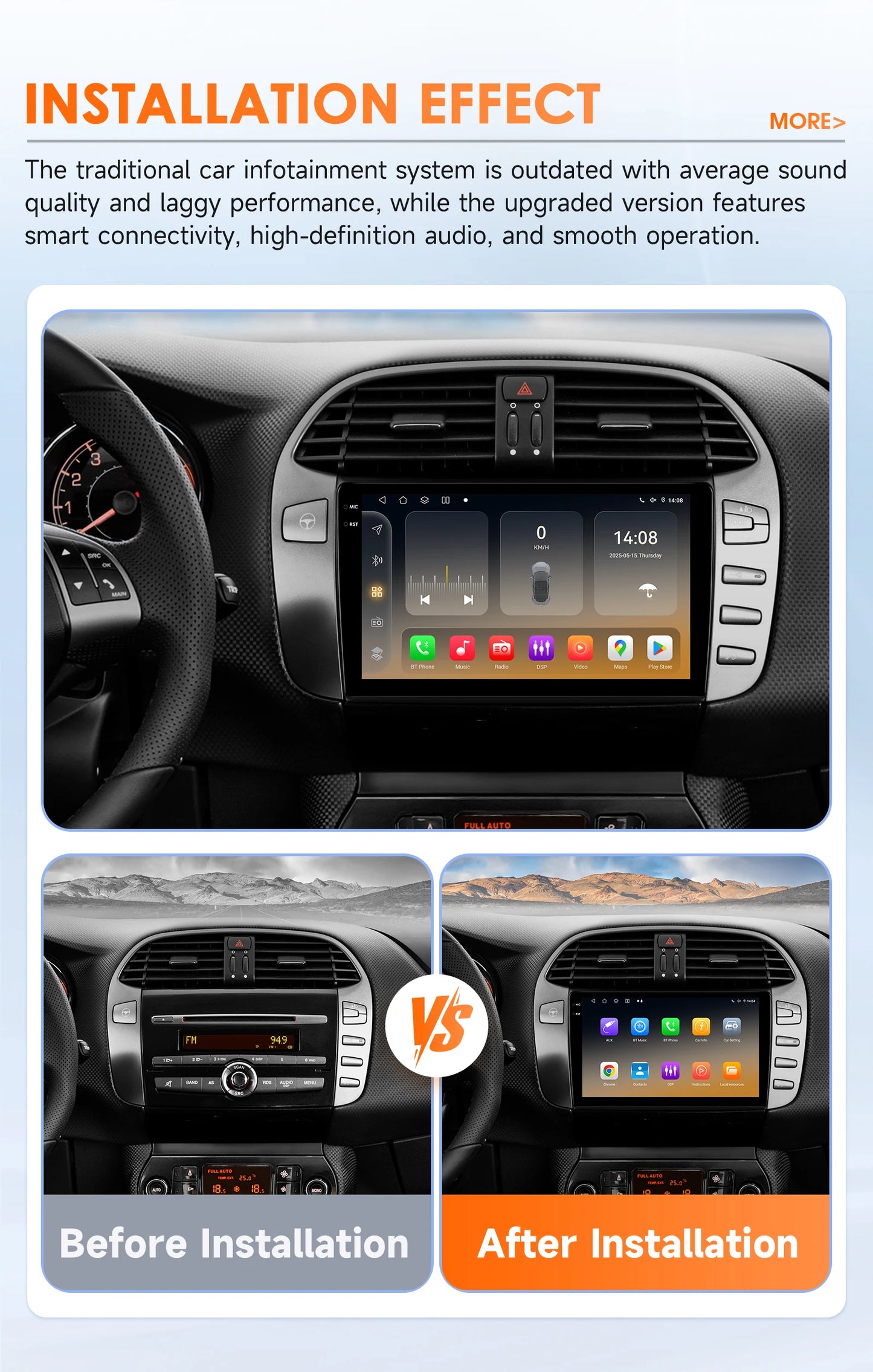 Fiat Bravo 2007 - 2012 9" Android 14 Carplay Android auto wireless wifi bt gps 4g AUTMF9LG