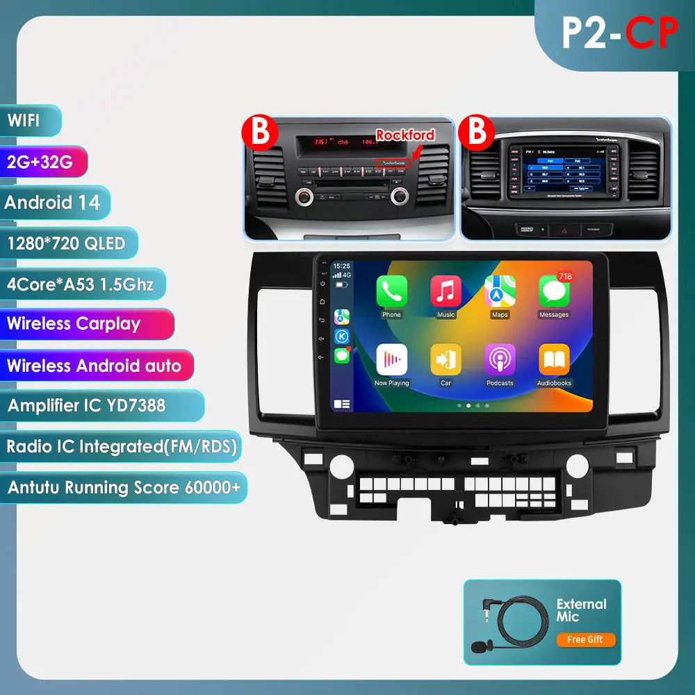 Mitsubishi Lancer 2007-2012 9" Android 14 Carplay Android auto wireless wifi bt gps 4g AUTMLCRMT
