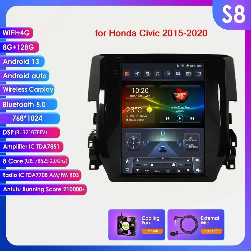 Honda Civic 2015-2020 9.7" Android 14 Carplay Android auto wireless wifi bt gps 4g AUTMCVCH3