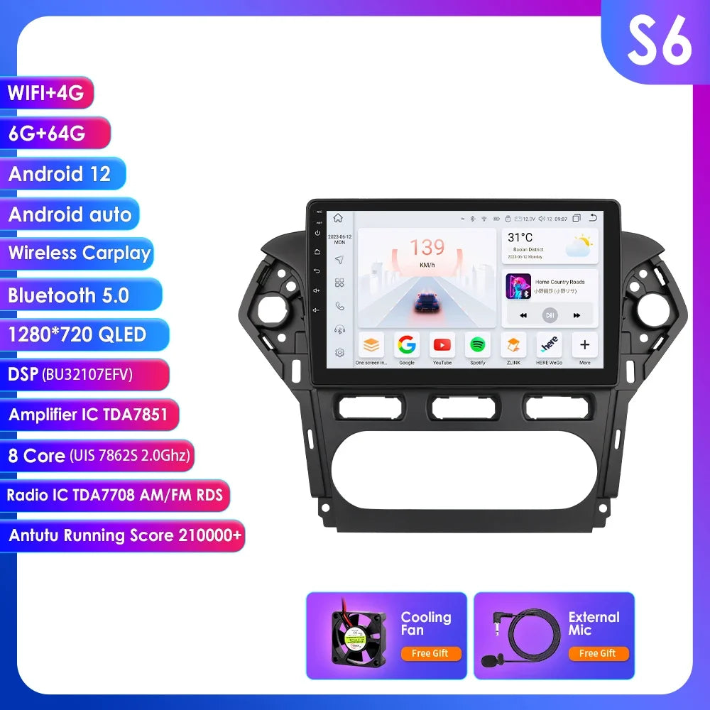 Ford Mondeo 2010 - 2014 9" Android 14 Carplay Android auto wireless wifi bt gps 4g  AUTMNXWC