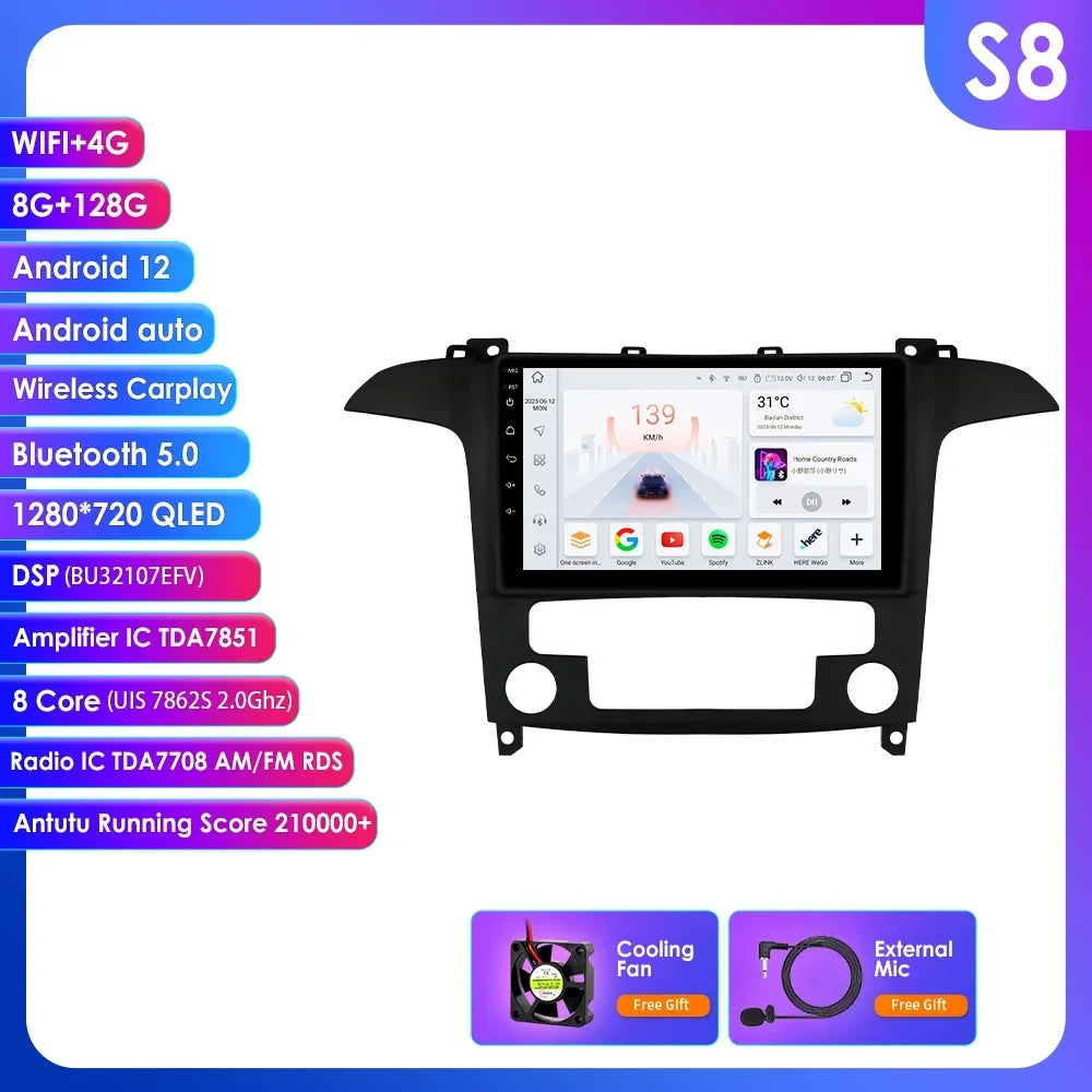 Ford S Max S-MAX 2007-2015 9" Android 14 Carplay Android auto wireless wifi bt gps 4g  AUTMUZ3Y