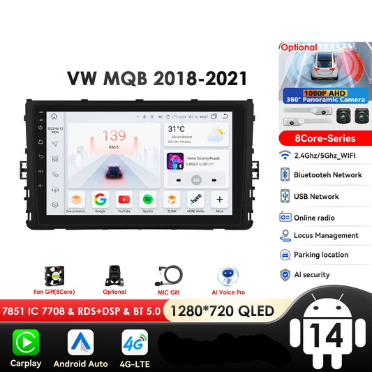 VW MQB Polo Plus T-Cross Zoals T-Kruis T-Roc Tharu Sagitar 9" Android 14 Carplay Android auto wireless wifi bt gps 4g AUTMLMGF