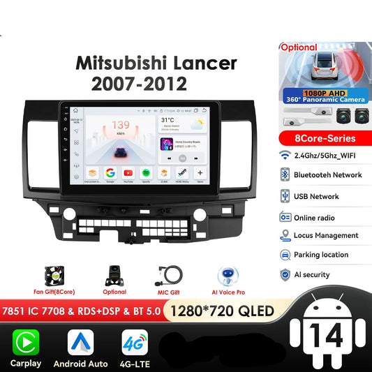 Mitsubishi Lancer 2007-2012 9" Android 14 Carplay Android auto wireless wifi bt gps 4g AUTMLCRMT