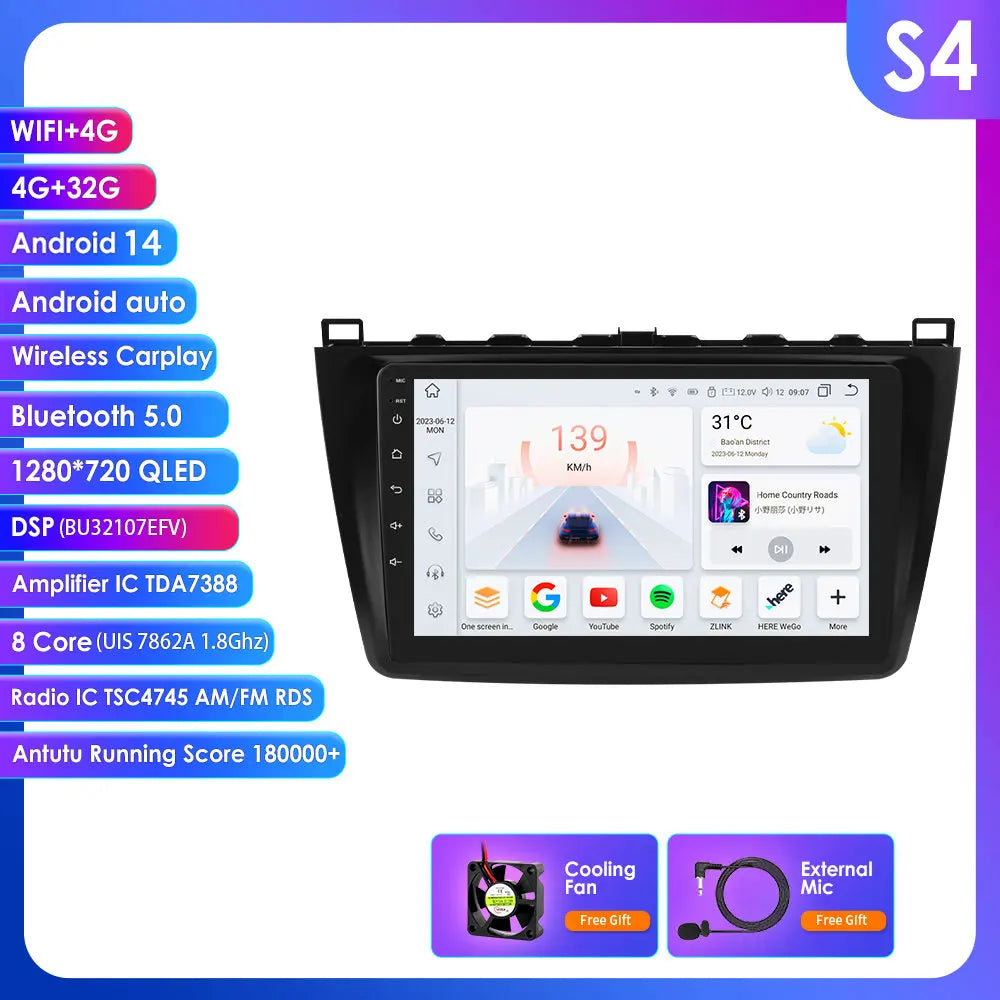 Mazda 6 2007 - 2012 9" Android 14 Carplay Android auto wireless wifi bt gps 4g AUTMJSBD