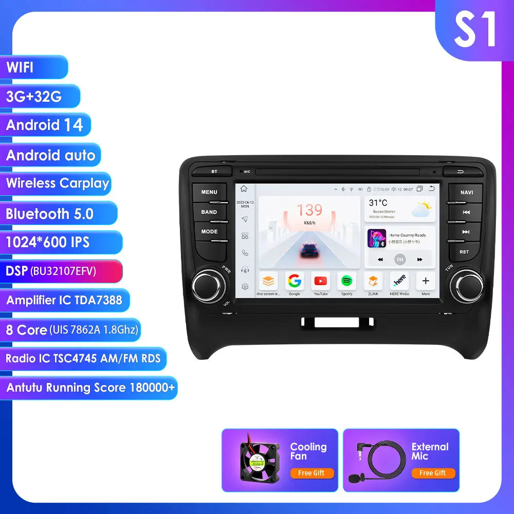 AUDI TT MK2 8J 2006 -2014 7" Android 14 Carplay Android auto wireless wifi bt gps 4g  AUTM9BCX