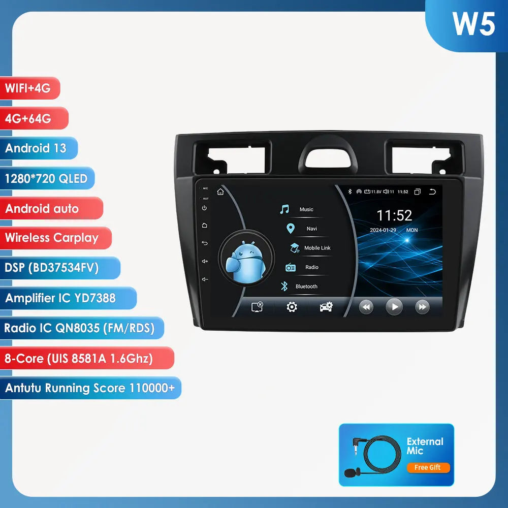 Ford Fiesta Mk VI 5 Mk5 2002 - 2008 9" Android 14 Carplay Android auto wireless wifi bt gps 4g  AUTMRL7L