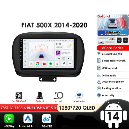 FIAT 500X 2014-2020 9" Android 14 Carplay Android auto wireless wifi bt gps 4g  AUTMXDQZ